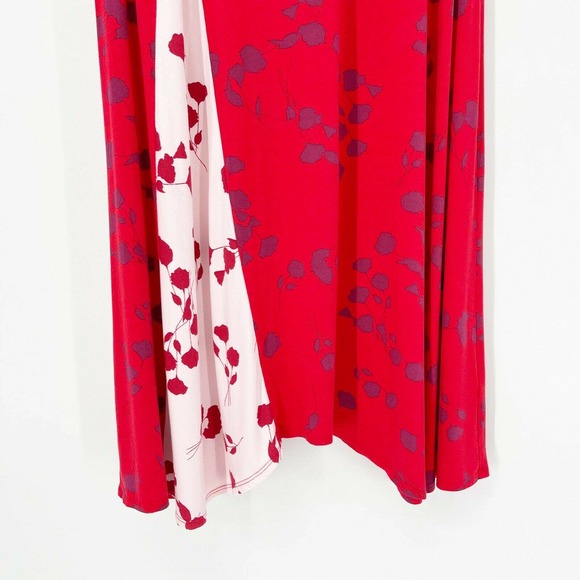 Logo Lori Goldstein Floral Midi Dress Sz M Red Contrast Godet Scoop Neck Stretch - Picture 4 of 8